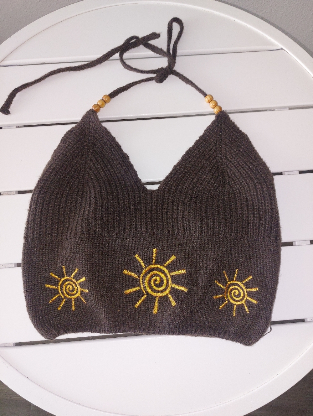 Hand-Knit Dark Brown Halter Top with Yellow Sun Embroidery